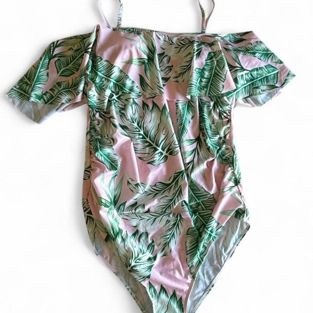 Maternity pink and green banana leaf bathing suit